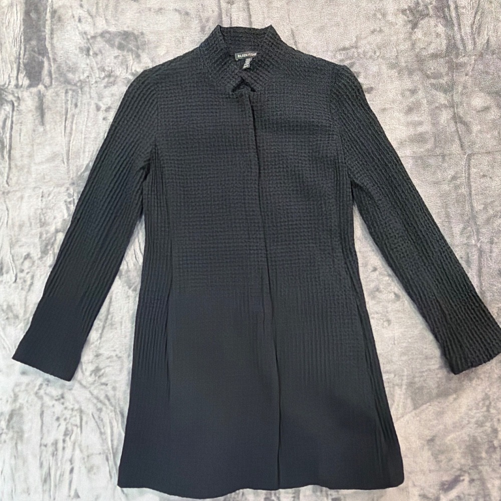 Eileen Fisher Cardigan Jacket Womens Black Waffle Knit Mock Neck XS